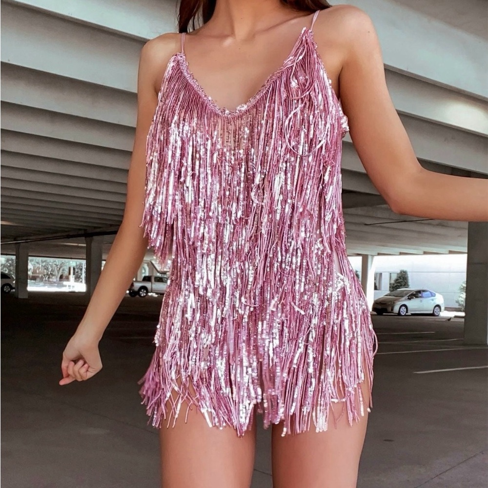 ERAS TOUR Outfit - pink sequin fringe playsuit/romper SIZE S